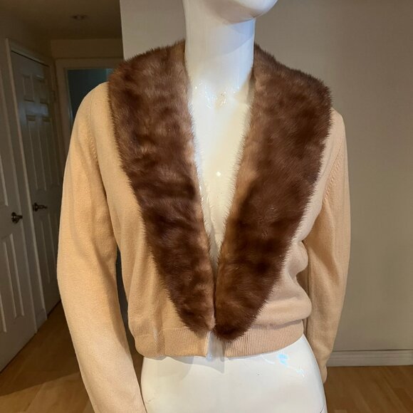 50'S BERNHARD ALTMANN FUR COLLAR CASHMERE CARDIGAN SWEATER SZ S SMALL - Picture 1 of 6